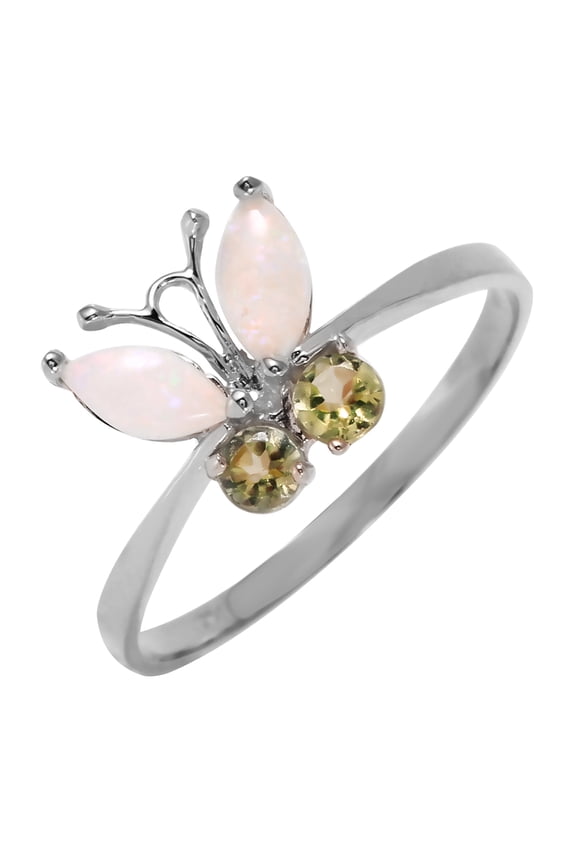 14K Solid Gold 0.7 Carat Natural Peridot Butterfly Ring for Women - White Gold Fine Jewelry