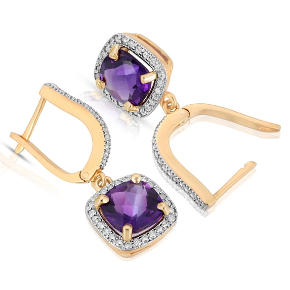 Galaxy Gold 14K Yellow Gold Natural Amethyst and Natural Diamond Dangle Earrings - February Birthstone - Peace & Wisdom - Fine Jewelry for Women