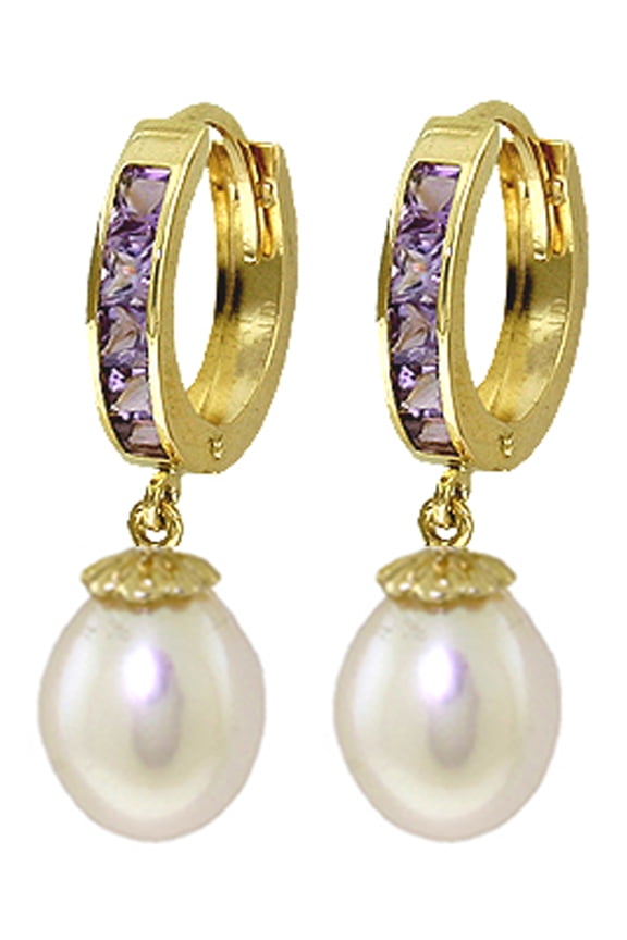 14K Solid Gold Natural Amethyst Huggie Earrings for Women - Yellow Gold Fine Jewelry
