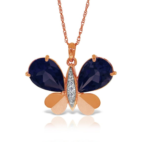 Galaxy Gold 14K Solid Rose Gold 24" Butterfly Necklace with 10.6 CT Natural Diamonds and Sapphires, 14"-24" Sizes, September Birthstone, Symbol of Wisdom