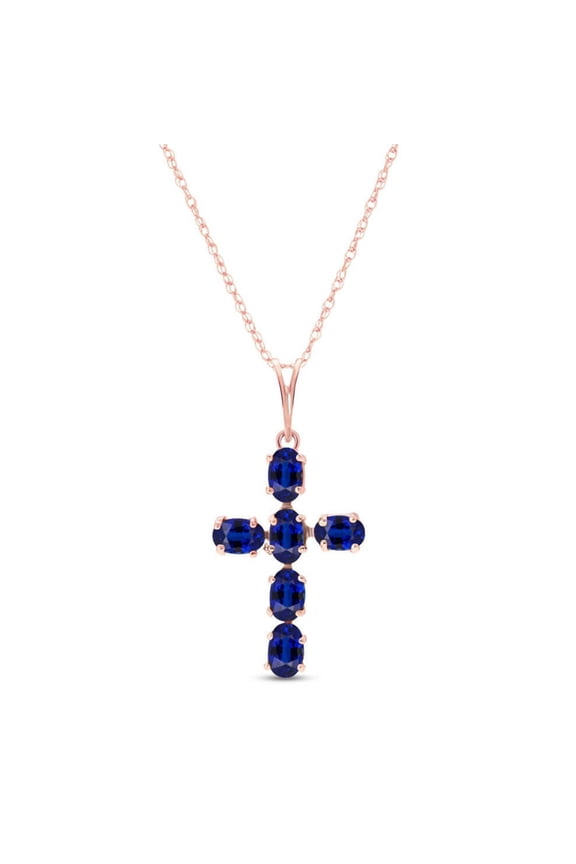 14K Solid Gold Natural Sapphire Cross Pendant Necklace for Women - Rose Gold Fine Jewelry