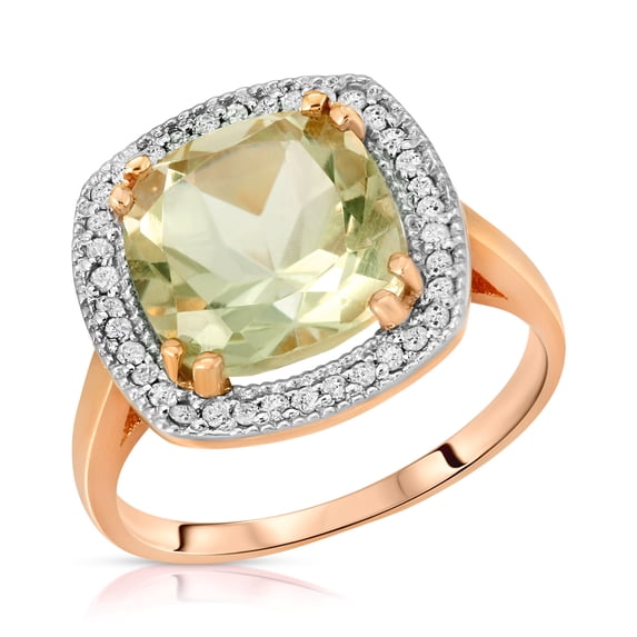 Galaxy Gold 14K Solid Rose Gold Cushion Cut 3.8 CTW Ring with Natural Diamonds and Natural Green Amethyst (9.0)