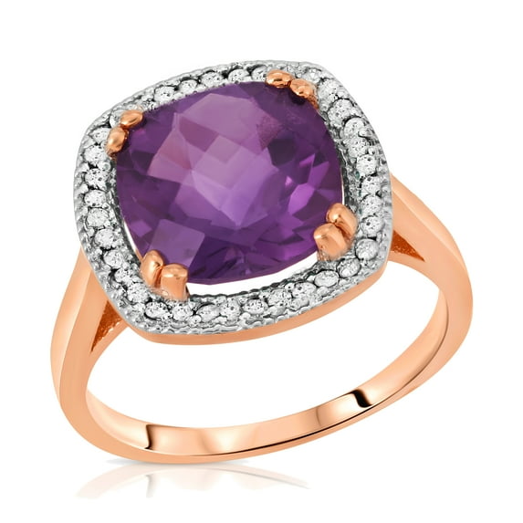 Galaxy Gold 14K Solid Rose Gold Cushion Cut 3.8 CTW Ring with Natural Diamonds and Natural Purple Amethyst (10.5)