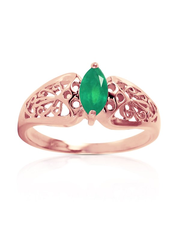14K Rose Gold Natural Marquis-Shaped Emerald Filigree Solitaire Ring - May Birthstone - Abundance & Joy - Sizes 5.5 to 11 - Fine Jewelry for Women
