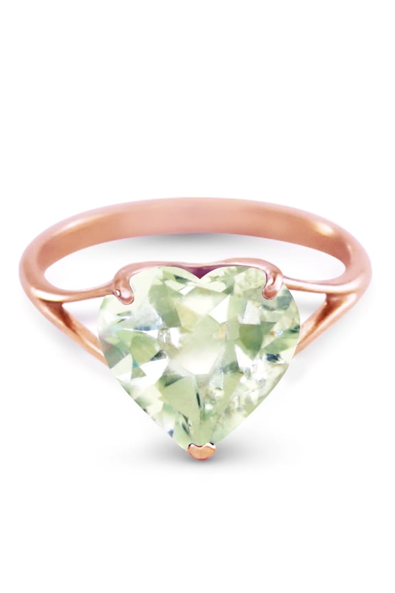 14K Solid Rose Gold Heart Ring with Natural 10 mm Heart-Shaped Green Amethyst, Size 10, 5.5-11 Sizes, Symbol of Renewal