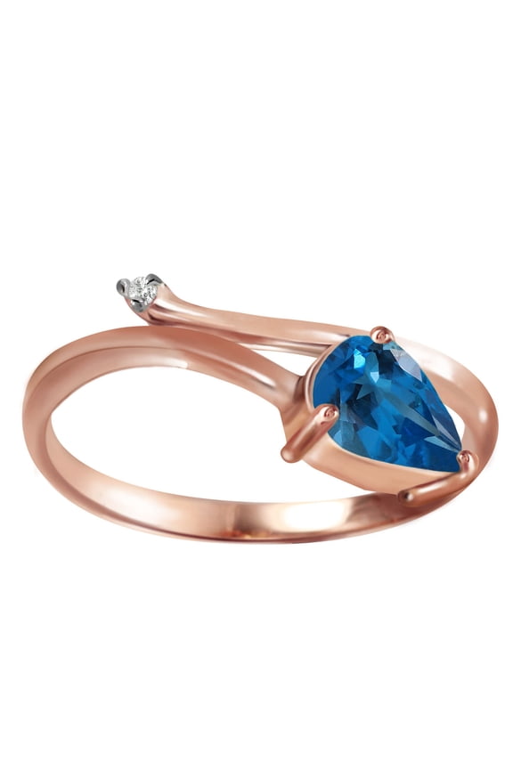 14K Solid Gold 0.83 Carat Natural Diamond & Blue Topaz Pear Drop Ring for Women - Rose Gold Fine Jewelry