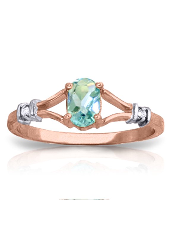 14K Solid Gold Natural Diamond & Blue Topaz Oval Cut Ring for Women - Rose Gold Fine Jewelry