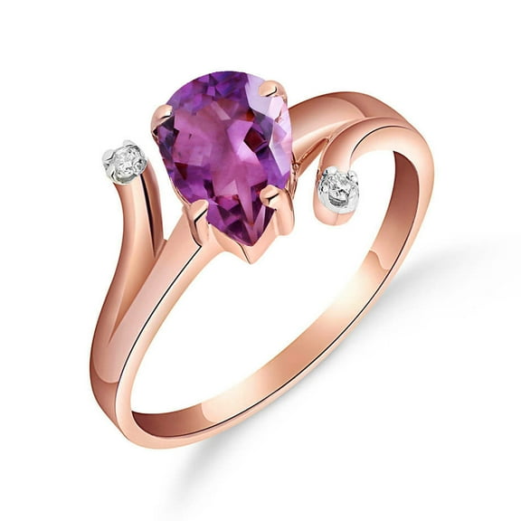 Galaxy Gold 14K Solid Rose Gold Ring with Pear-Shaped Amethyst and Diamonds, Size 7.5, 5.5-11 Sizes, February Birthstone, Symbol of Serenity