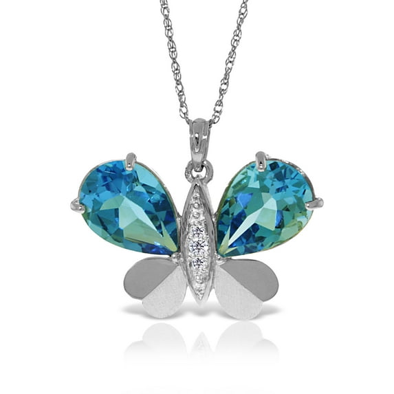 Galaxy Gold 14K Solid White Gold 14" Butterfly Necklace with 9.1 CT Natural Diamonds and Blue Topaz, 14"-24" Sizes, December Birthstone, Symbol of Calm