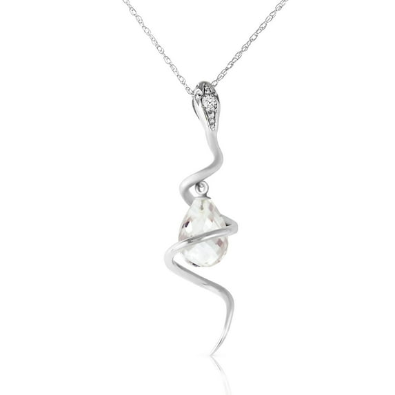 Galaxy Gold 14K Solid White Gold 14" Snake Necklace with 2.28 CT Natural Diamonds and a Dangling Briolette White Topaz Drop, 14"-24" Sizes, Symbol of Clarity
