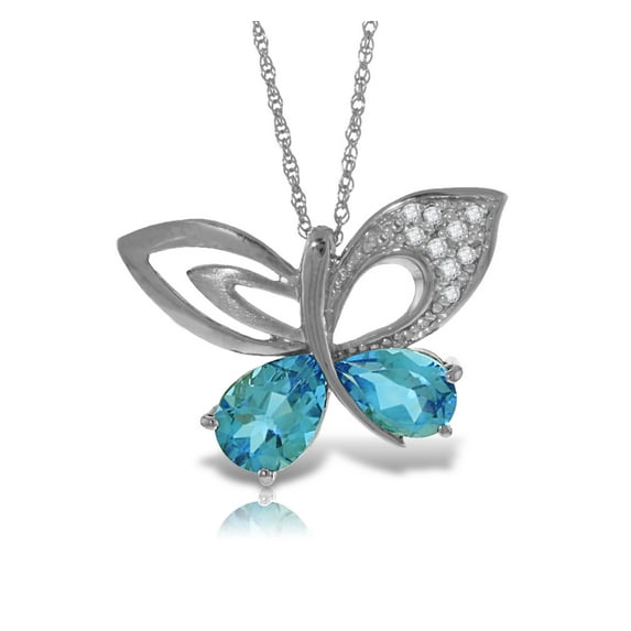 Galaxy Gold 14K Solid White Gold 16" Butterfly Necklace with Natural Diamonds and Blue Topaz, 14"-24" Sizes, December Birthstone, Symbol of Calm