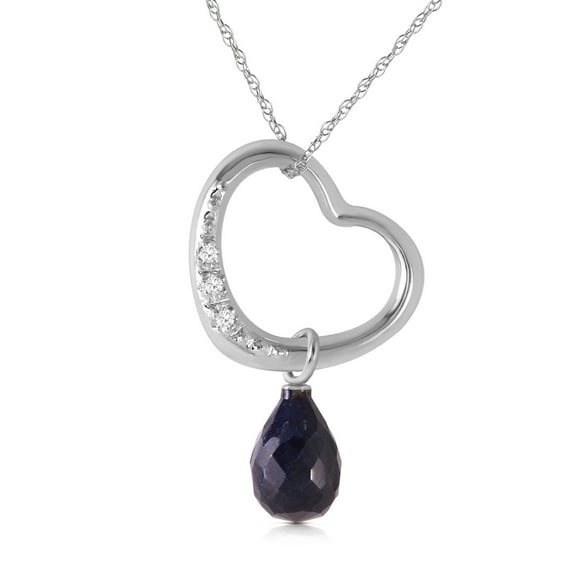 Galaxy Gold 14K Solid White Gold 16" Open Heart Pendant Necklace with Natural Diamonds and a Genuine Sapphire Drop, 14"-24" Sizes, September Birthstone, Symbol of Wisdom