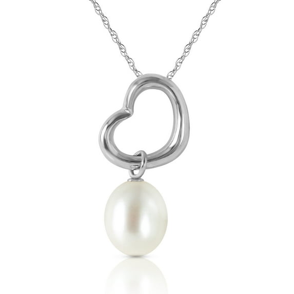 Galaxy Gold 14K Solid White Gold 24" Open Heart Pendant Necklace with a Genuine Pearl Drop, 14"-24" Sizes, June Birthstone, Symbol of Elegance