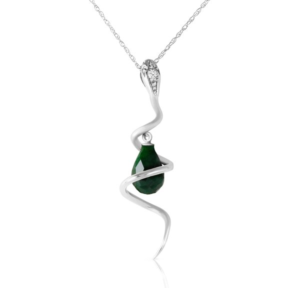 Galaxy Gold 14K Solid White Gold 24" Snake Necklace with Natural Diamonds and a Dangling Dyed Green Sapphire Drop, 14"-24" Sizes, Symbol of Growth