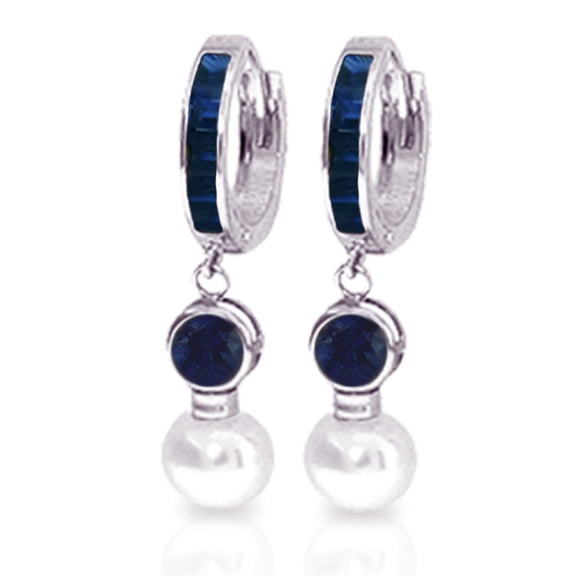 Galaxy Gold GG 14K White Gold 6.65 Carat Freshwater Pearl and Natural Sapphire Huggie Earrings - September Birthstone - Truth & Nobility - Fine Jewelry for Women