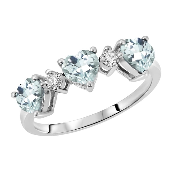 Galaxy Gold 14K Solid White Gold Ring Triple Heart Design with Natural Diamonds and Natural Aquamarines 1.35 CTW (6.0)