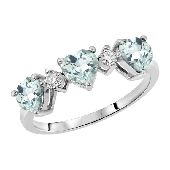 Galaxy Gold 14K Solid White Gold Ring Triple Heart Design with Natural Diamonds and Natural Aquamarines 1.35 CTW (7.5)