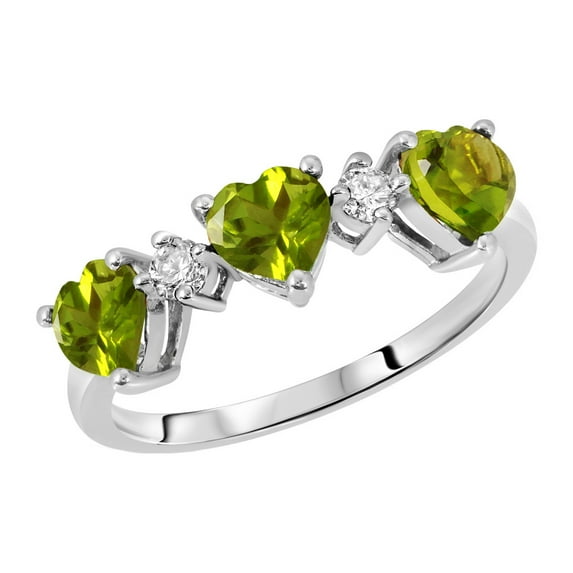 Galaxy Gold 14K Solid White Gold Ring Triple Heart Design with Natural Diamonds and Natural Peridot 1.75 CTW (6.0)