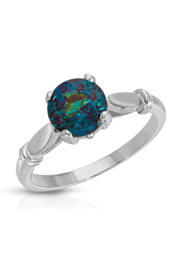 14K Solid White Gold Round Shape 1.75 CTW Ring with Grown Genuine Alexandrite Color Changing (5.5)