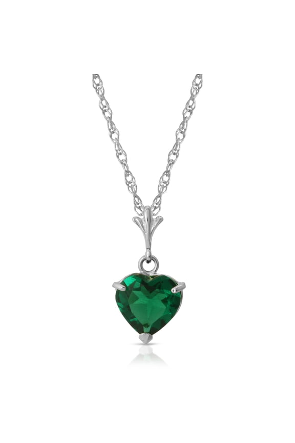 14K Solid White Gold Necklace With Heart Shape 1.00 ctw High Polished Genuine Emerald - Grade AAA (White Gold-16 Inch) LAB GROWN GENUINE REAL EMERALD