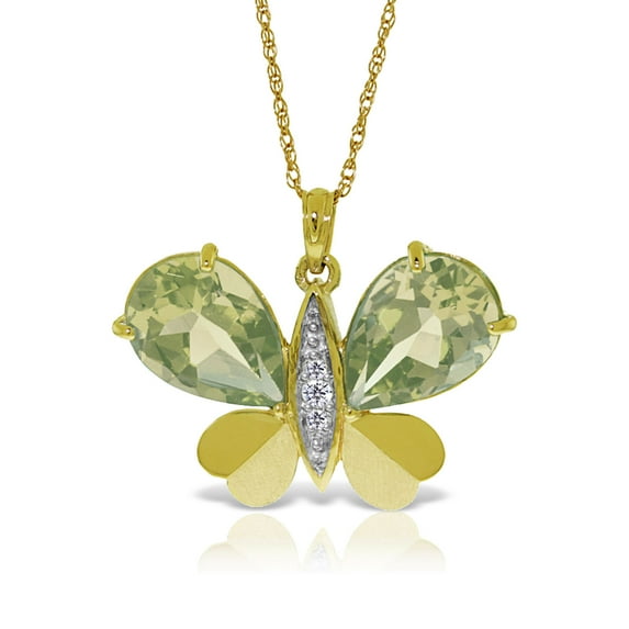 Galaxy Gold 14K Solid Yellow Gold 16" Butterfly Necklace with 6.6 CT Natural Diamonds and Green Amethysts, 14"-24" Sizes, Symbol of Renewal