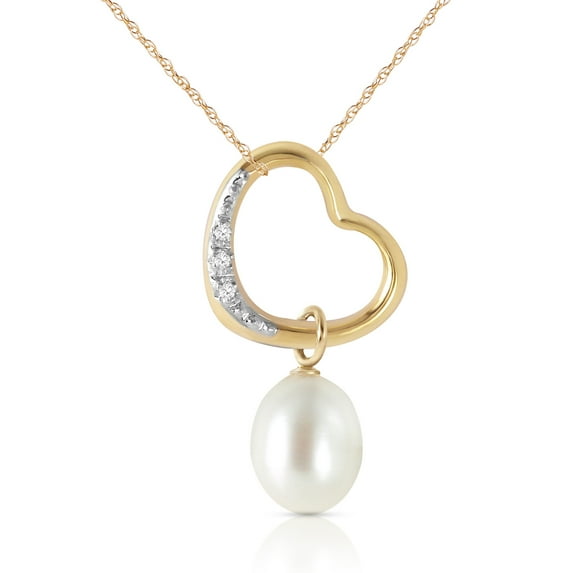 Galaxy Gold 14K Solid Yellow Gold 22" Open Heart Pendant Necklace with Natural Diamonds and a Genuine Pearl Drop, 14"-24" Sizes, June Birthstone, Symbol of Elegance