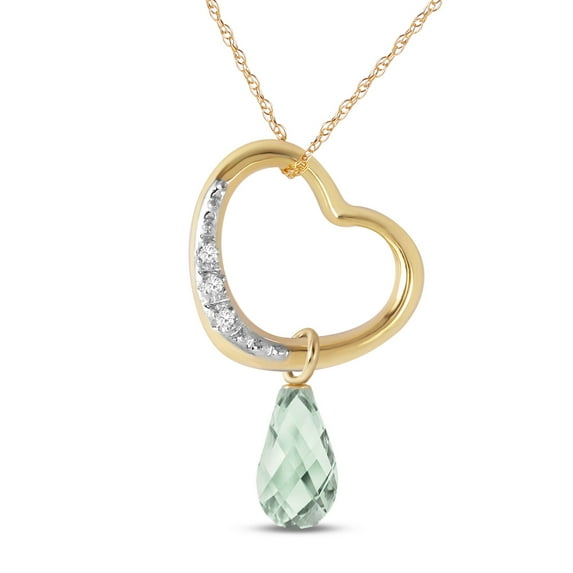 Galaxy Gold 14K Solid Yellow Gold 24" Open Heart Pendant Necklace with Natural Diamonds and a Genuine Green Amethyst Drop, 14"-24" Sizes, Symbol of Renewal