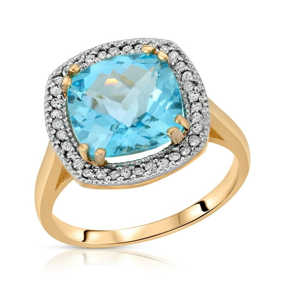 Galaxy Gold 14K Solid Yellow Gold Cushion Cut 5.2 CTW Ring with Natural Diamonds and Natural Blue Topaz (9.0)