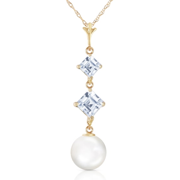 Galaxy Gold 14K Solid Yellow Gold Pendant Necklace with Natural Aquamarine and Natural Pearl High Polished Gold Made in USA (24)