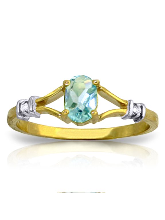 14K Solid Gold Natural Diamond & Blue Topaz Oval Cut Ring for Women - Yellow Gold Fine Jewelry