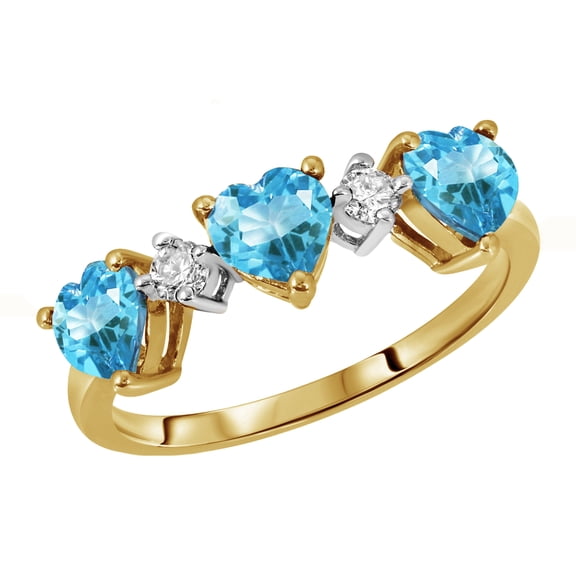 Galaxy Gold 14K Solid Yellow Gold Ring Triple Heart Design with Natural Diamonds and Natural Blue Topaz 1.95 CTW (10.5)