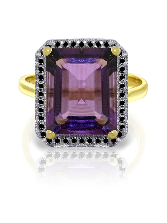 14K Yellow Gold Natural Black Diamonds and Amethyst Ring - February Birthstone - Peace & Wisdom - Sizes 5.5 to 11 - Fine Jewelry for Women