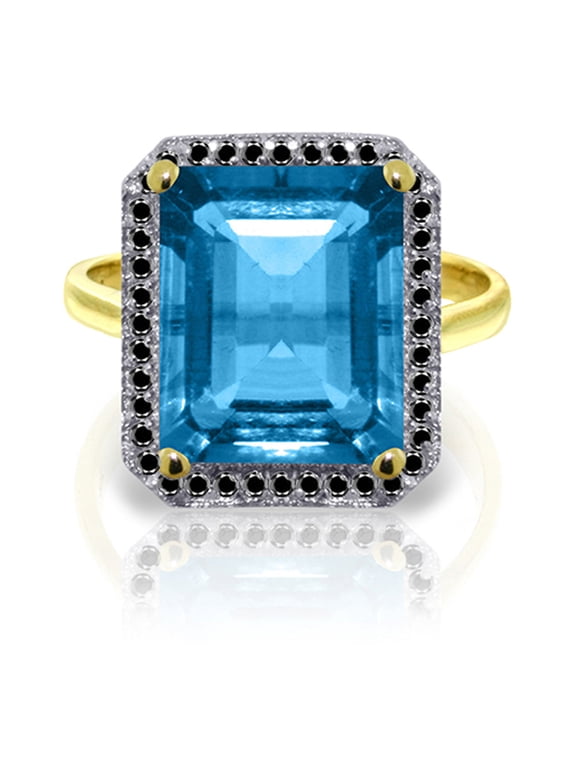 14K Yellow Gold Natural Black Diamonds and Blue Topaz Ring - December Birthstone - Courage & Clarity - Sizes 5.5 to 11 - Fine Jewelry for Women