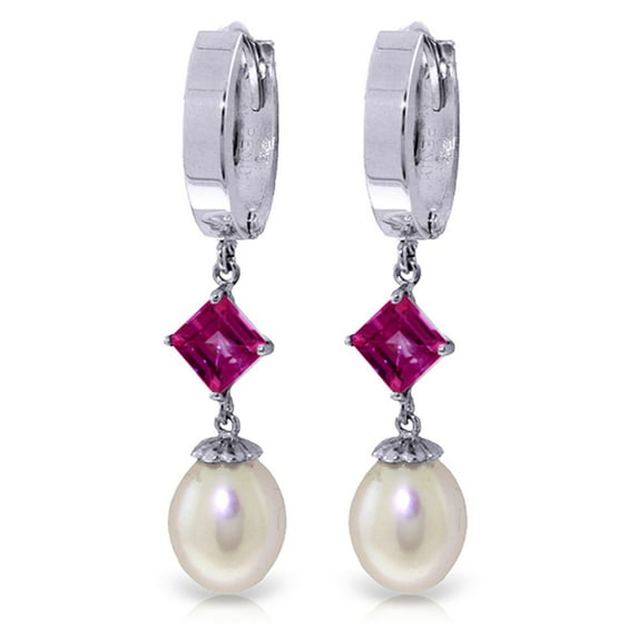 Galaxy Gold 14K White Gold 9.5 Carat Natural Pearl and Pink Topaz Hoop Earrings - October Birthstone - Hope & Creativity - Fine Jewelry for Women