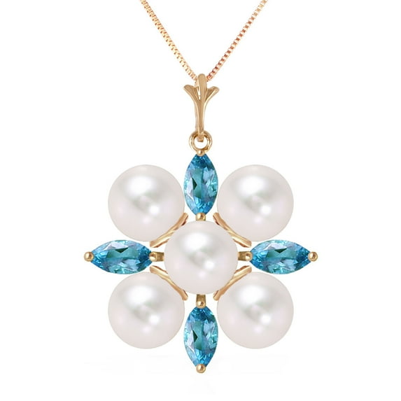 Galaxy Gold 14K Yellow Gold Blue Topaz and Pearl Pendant Necklace - December Birthstone - Communication & Serenity - 16" to 24" - Fine Jewelry for Women