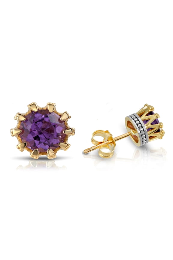 14K Solid Gold Natural Amethyst Stud Earrings for Women - Yellow Gold Fine Jewelry