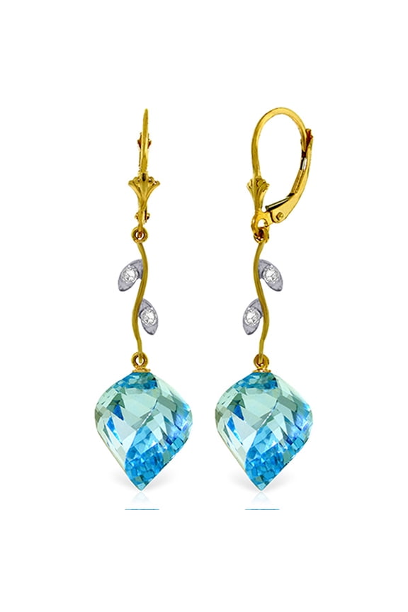 14K Yellow Gold Natural Blue Topaz and Natural Diamond Dangle Earrings - December Birthstone - Communication & Serenity - Fine Jewelry for Women