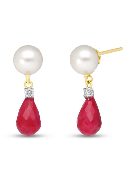 14K Yellow Gold Natural Diamonds, Rubies, and Pearl Stud Earrings - July Birthstone - Passion & Protection - Fine Jewelry for Women