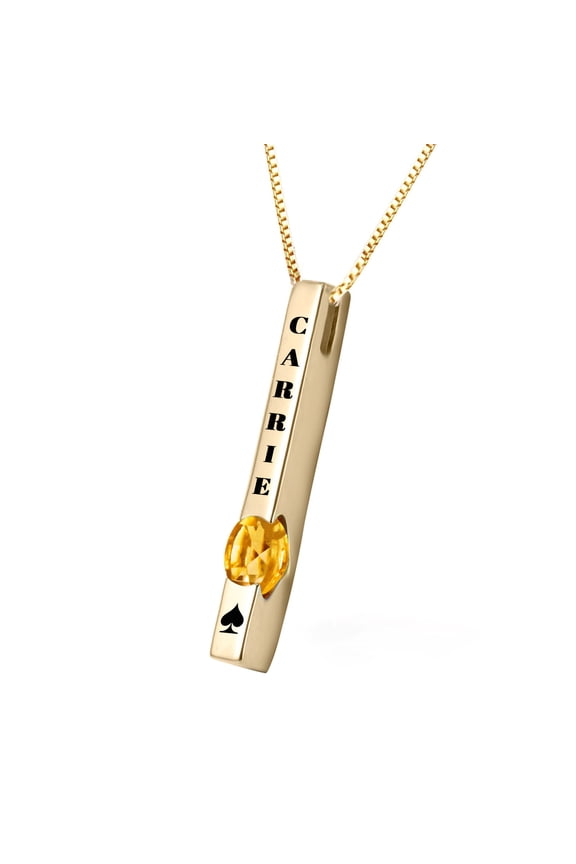 14K Yellow White Rose Gold Bar Personalized Customizable Engraving Inscription Pendant Necklace Gemstone Genuine Birthstone Vertical Writing (14k Solid Yellow Gold)