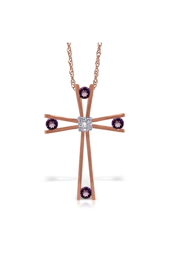 14K Solid Gold Natural Diamond & Amethyst Cross Pendant Necklace for Women - Rose Gold Fine Jewelry
