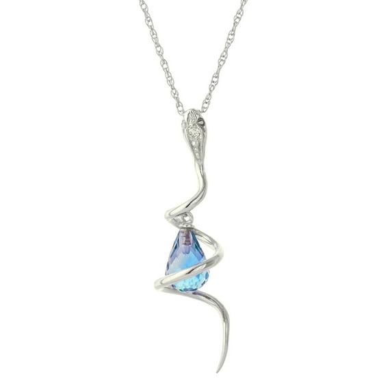 Galaxy Gold 14K Solid White Gold 16" Snake Necklace with 2.28 CT Natural Diamonds and a Dangling Briolette Blue Topaz Drop, 14"-24" Sizes, December Birthstone, Symbol of Calm