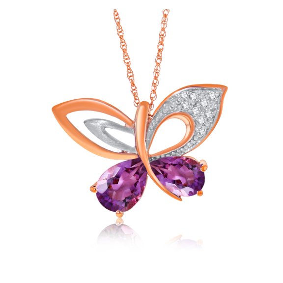 Galaxy Gold 14K Solid Rose Gold 18" Butterfly Necklace with Natural Diamonds and Amethysts, 14"-24" Sizes, February Birthstone, Symbol of Serenity
