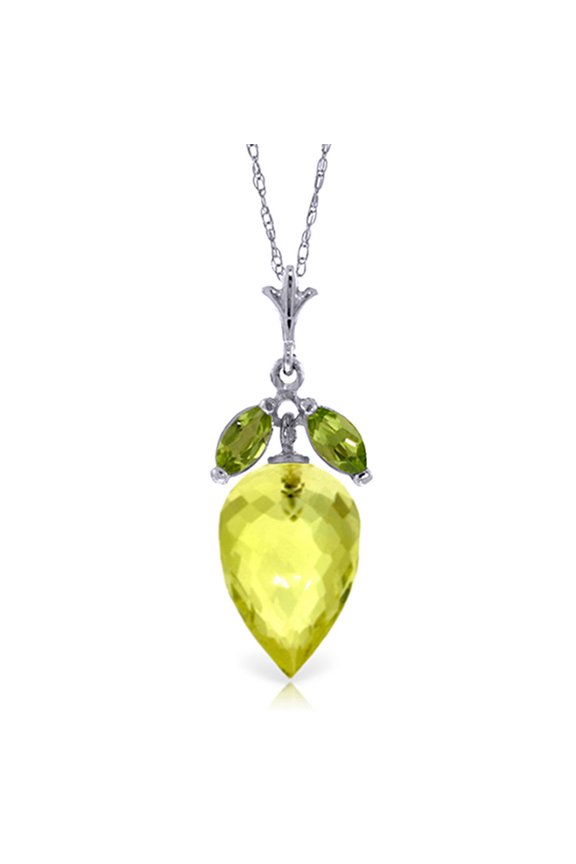 14k 18" White Gold Necklace with Peridots and Pointy Briolette Drop Quartz Lemon
