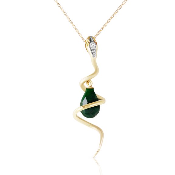 Galaxy Gold 14K Solid Yellow Gold 18" Snake Necklace with Natural Diamonds and a Dangling Dyed Green Sapphire Drop, 14"-24" Sizes, Symbol of Growth