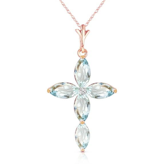 Galaxy Gold GG 14K Rose Gold Natural Diamonds and Aquamarine Cross Pendant Necklace - March Birthstone - Courage & Clarity - 16" to 24" - Fine Jewelry for Women