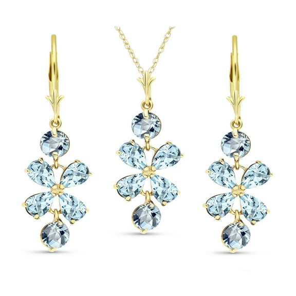 Galaxy Gold 14k 20" Yellow Gold Flower Necklace and Earrings Set with Aquamarine Gemstones