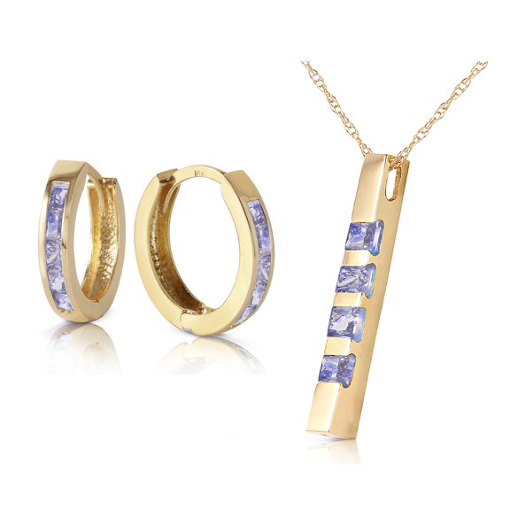 Galaxy Gold 14k 22" Yellow Gold Jewelry Set: Natural Tanzanite Pendant Necklace and Huggie Hoop Earrings