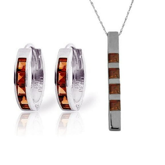 Galaxy Gold 14k 24" White Gold Jewelry Set: Natural Garnet Pendant Necklace and Huggie Hoop Earrings