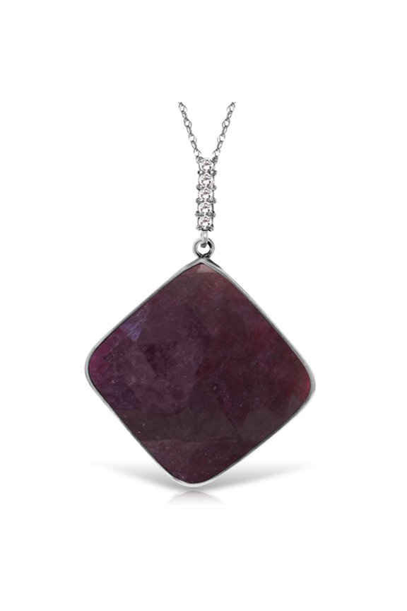 14K White Gold Natural Diamonds and Square Shape Checkerboard Cut Ruby Pendant Necklace - July Birthstone - Passion & Protection - 16" to 24" - Fine Jewelry for Women