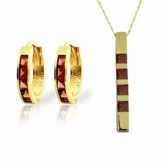 Galaxy Gold 14k 24" Yellow Gold Jewelry Set: Natural Garnet Pendant Necklace and Huggie Hoop Earrings